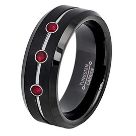 0.21ct Ruby 3-Stone Tungsten Ring - July Birthstone - 8MM Black Ion-plated Brushed Finish Center Grooved Beveled Edge Comfort Fit Unisex Wedding Anniversary Band -13
