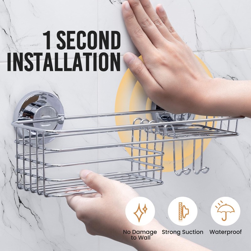LEVERLOC Shower Caddy Suction Cup, Silver Shower Shelf with Hooks