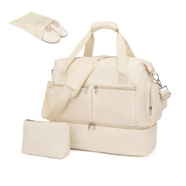 Kono Travel Duffel Bag 32L Water-Resistant Gym Tote Bag with Shoes Compartment Cosmetic Bag Detachable Shoulder Strap Lightweight Holdall Luggage Bag Weekend Bag with Trolley Sleeve (Beige)