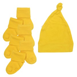 Babysoy Newborn Unisex Baby Single Knot Beanie & Gripper Socks Accessories Set (0-6 Months, Sunshine)