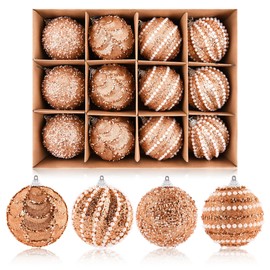 Glitter Christmas Balls Ornaments for Tree - Rose Gold Christmas Ornaments for Indoor Decorations - Orange Shatterproof Foam Xmas Bulbs for Holiday Party Decor 80mm 3.15inch, Pack of 12