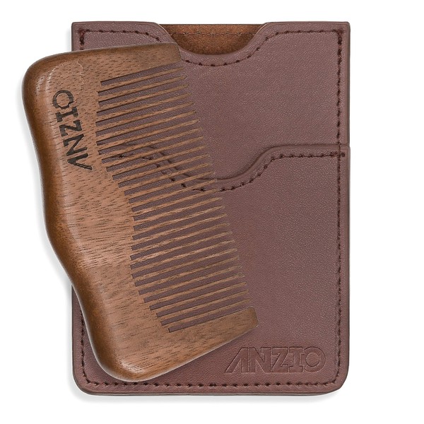 Wood Beard Mustache Comb by ANZIO, Handmade Pocket & Travel Size With or Without PU Leather Credit Card ID Money Holder (Red Sandalwood & Case/Money Holder)