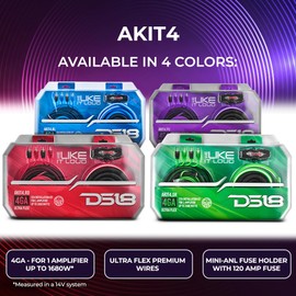 DS18 AKIT4.PU 4-GA Amplifier Installation Kit Up to 1680 Watts RMS, Mini-ANL Fuse Holder, Speaker & RCA Cables, CCA Amplifier Wiring Kit, Ultra Flex Wire, Amp Wire Kit, Amp Wiring Kit 4 Gauge - Purple