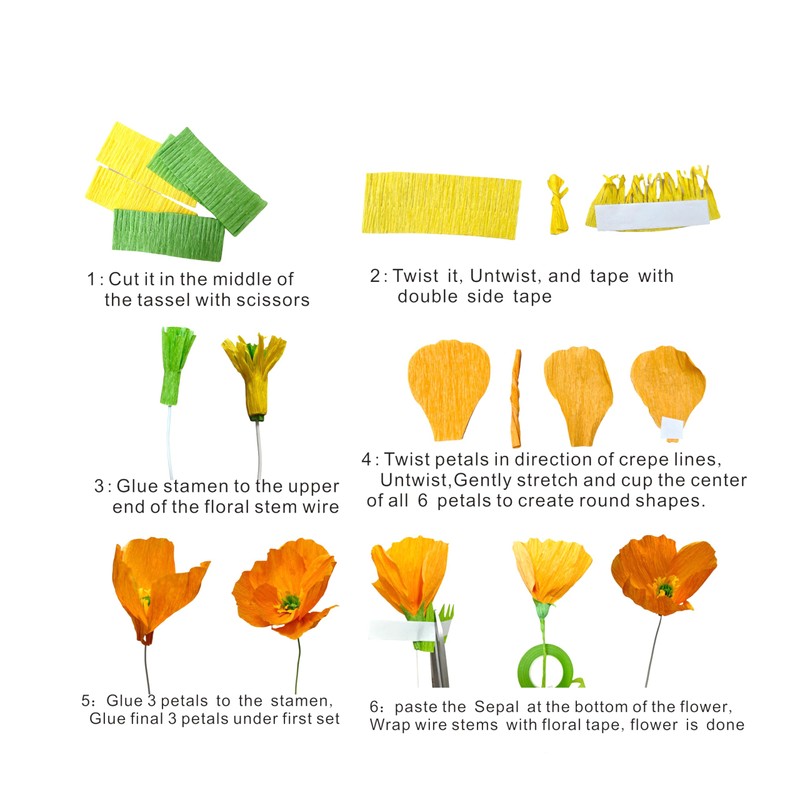 Orange Crepe Paper Poppy Flower DIY Making Kit Home Decoration