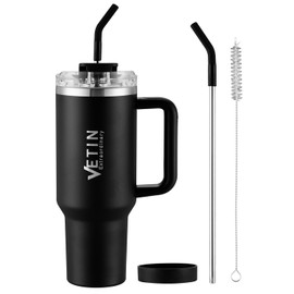 VETIN 40oz Thermobecher mit Strohhalm und Henkel, 1200ml Kaffeebecher to Go, Doppelwandiger Edelstahl Vakuum Isolierbecher, Tragbare Autobecher für Kalte Heiße Getränke (Schwarz)