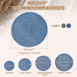 sourcing map 8 Pcs Round Woven Placemats, 7 Inch Braided Washable Placemat Heat Resistant Decorative Place Mat for Kitchen Dining Table Countertop, Blue/Gray