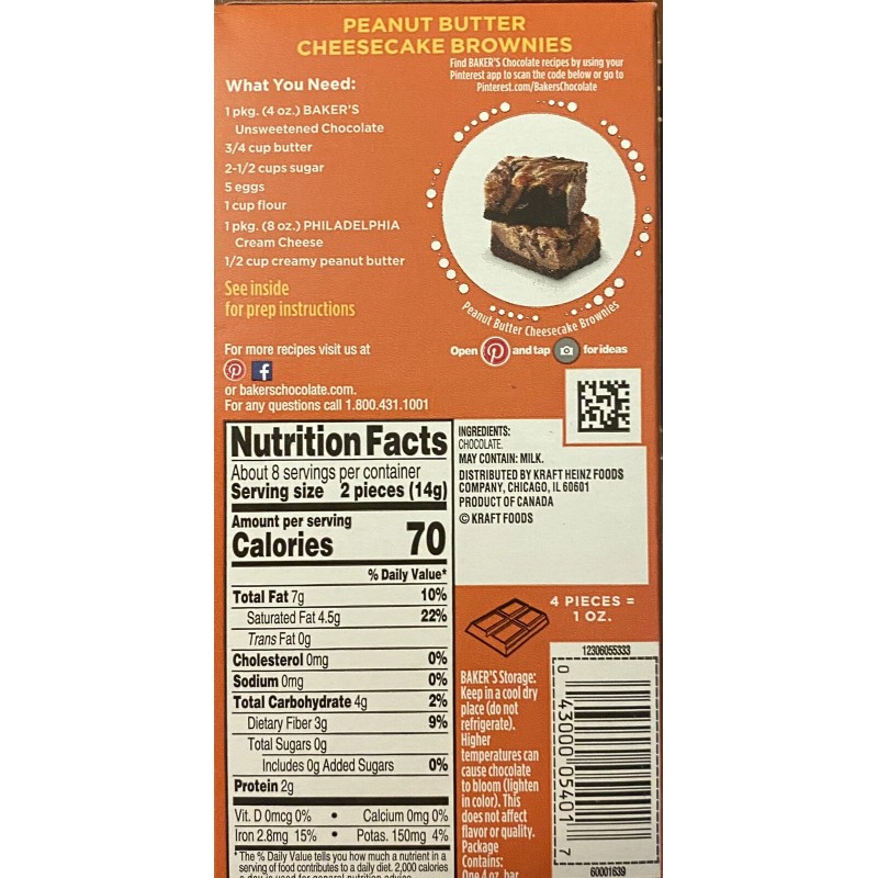 Bakers BAKER'S Unsweetened Chocolate 100% CACAO Bar 4oz - 1
