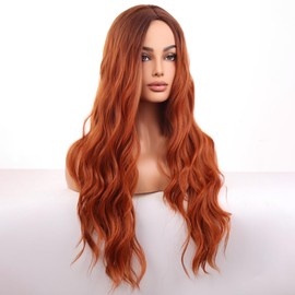 WTHCOS Long Ombre Orange Wigs for Women Girls Long Curly Wavy Auburn Wig Middle Part Wig Heat Resistant Synthetic Wigs for Cosplay Costume Party