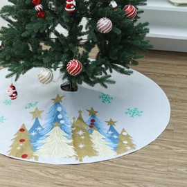 SIRIPHUM White Canvas Christmas Tree Skirt 48 Inch, Gold Glitter Trees and Snowflakes Print, Xmas Rustic Farmhouse Holiday Party Tree Mat Decor