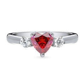 BERRICLE Sterling Silver 3-Stone Wedding Engagement Rings 0.7 Carat Red Heart Shaped Cubic Zirconia CZ Heart Promise Ring for Women, Rhodium Plated Size 9