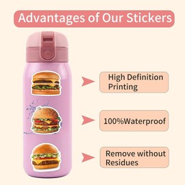 50 Pcs Cute Hamburger Stickers for Kids Cute Fast Food Stickers Cartoon Waterproof Vinyl Decals for Teens Scrapbook Water Bottles Phone Laptop Notebook Luggage Planner