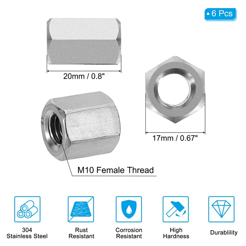 PATIKIL M10x1.5mm Stainless Steel Hex Coupling Nuts, 6pcs 20mm(0.8") Long