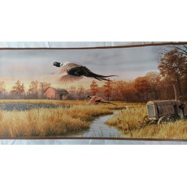 Pheasants Tractor Farm Scene Wallpaper Border - Brown