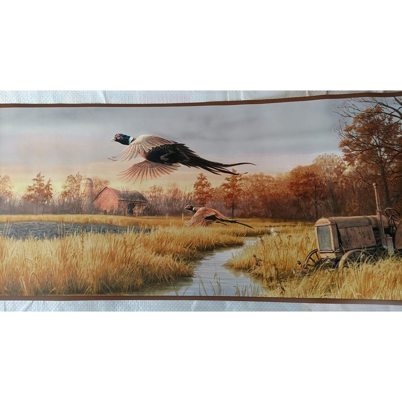 Pheasants Tractor Farm Scene Wallpaper Border - Brown