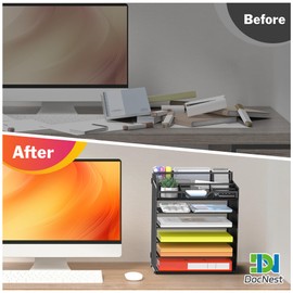 Docnest Multi-Functional Desk Organizer Tray, 6 Tier Paper Letter Tray Organizer with 3 Pen Holder, Mesh Desktop Organizer and Storage with 5 Adjustable Compartments for Office Supplies-Black
