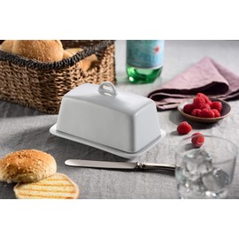 GOURMEX Classic Butter Dish with Lid | Fits One Stick of Butter | Ideal Butter Keeper for Salted, Unsalted Butter | Ceramic White Tray Covered Butter Dish With Lid for Countertop Dishwasher Safe