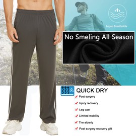 Deyeek Mens Tear Away Basketball Pants 2 Side Zippers Snap Off Full Open Down Sweatpants Leg Post Surgery Pant with Pockets Grey
