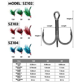 Angelhaken, 10 Stück Drillingshaken mit Federn und Widerhaken, Fischköderhaken für Salzwasser und Süßwasser