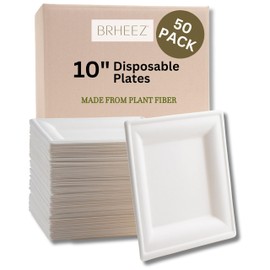 brheez 10 inch Disposable Dinner Plates For Parties Heavy Duty Paper Alternative 50 Pack Natural Sugarcane Bagasse Fiber