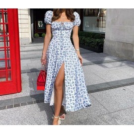 Women's Boho Floral Print Summer Dress Square Neck Puff Sleeve Split A Line Maxi Dress Casual Vintage Ruched Long Dress (Light Blue, Small)