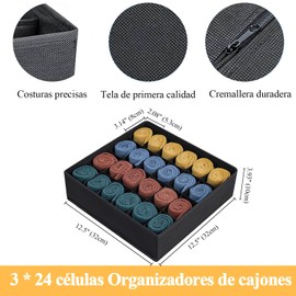 Paquete de 3 organizadores de cajones de ropa interior de calcetines,Organizador de almacenamiento con Divisores de Cajones Plegables de 72 celdas(3x24),Caja de almacenamiento de corbata (Negro)