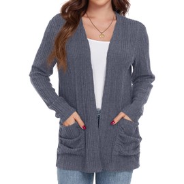 GRECERELLE Womens Cardigans Lightweight Casual Rib Classic Cardigans for Ladies with Pockets (Dark Grey, L)