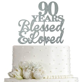 JIEEIN Decoración para tartas de 90 años bendecidos y amados para 90 cumpleaños, decoración de fiesta de aniversario de boda, purpurina plateada de doble cara