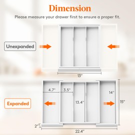 Lifewit Utensil Organizer for Kitchen Drawer, Expandable Cooking Utensil Tray, Bamboo Cutlery Silverware Flatware Holder, Adjustable Spatula Tools and Gadgets Storage Divider, Large, White