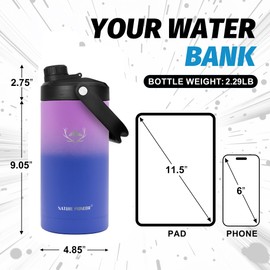 NATURE PIONEOR 64 oz Insulated Water Bottle - Double Vacuum Stainless Steel Half Gallon Water Jug with Holder/Carrier, Wide Mouth, Outdoor Sports, Hiking, Camping, Gym