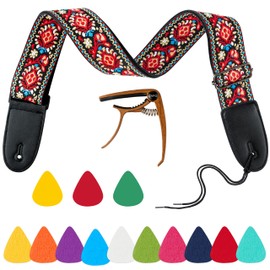 PANTIDE Vintage Embroidered Ukulele Strap - Adjustable Ukulele Strap with Wooden Ukulele Capo 3 Plastic Picks 10 Colourful Felt Ukulele Picks Red strap for Ukulele Mini Guitar Man Women Adult Kids
