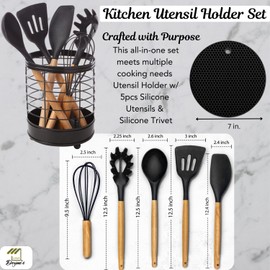 LOWA Dezine's Black Utensil Holder for Kitchen Counter - (5pc) Silicone Kitchen Utensil Set with Wooden Handles - Large Wire Counter Organizer Caddy with 3-Way Divider for Cooking Tools