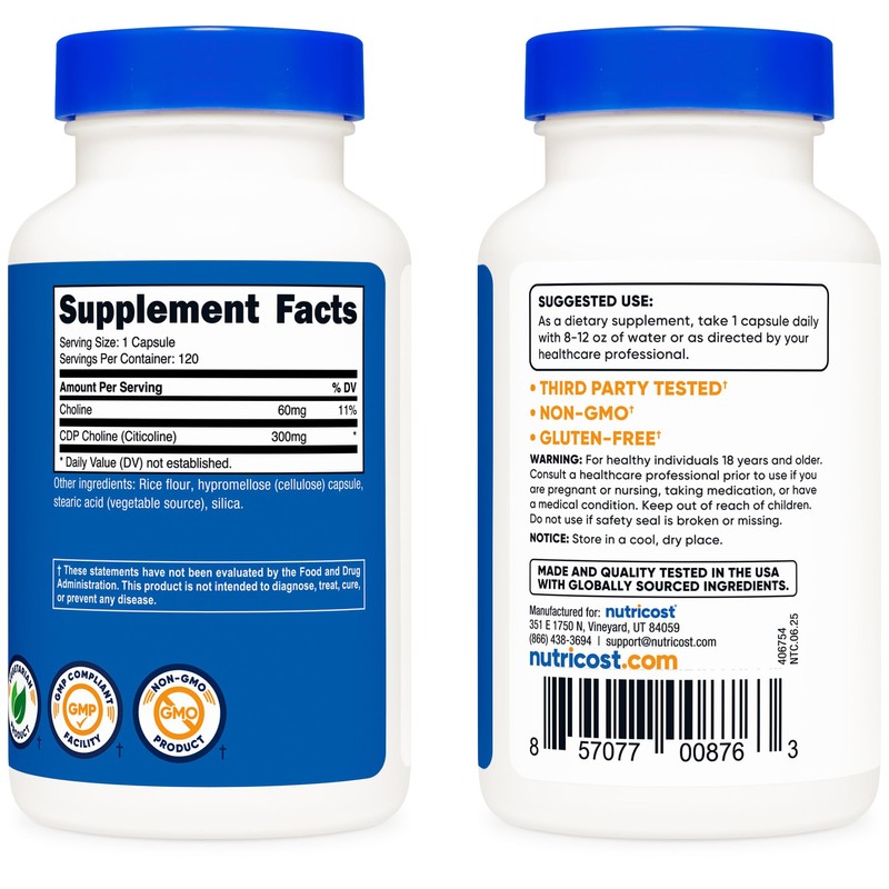 Nutricost CDP Choline (Citicoline) 300mg, 120 Vegetarian Capsules - Non-GMO,