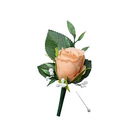 Boutonnieres-Rose Baby Breath Frosted Green Artificial Flower Wedding Graduation Event Flower (Peach)