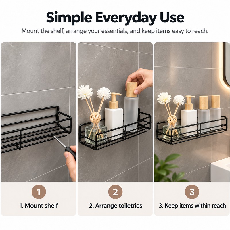 Metal Shower Shelf for Bathroom Storage – Wall-Mounted Single-Tier Organizer