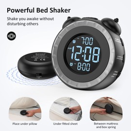uscce Loud Dual Alarm Clock with Bed Shaker - 0-100% Dimmer, Vibrating Alarm Clock for Heavy Sleepers or Hearing Impaired, Easy to Set, USB Charging Port, Snooze, Battery Backup