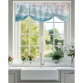Summer Tie Up Valance for Kitchen Windows, Watercolor Blue Ocean Beach Tie-up Curtain Shade Valances 54"x18" Rod Pocket Short Curtains Window Treatment for Living Room Oil Painting Coastal Seascape