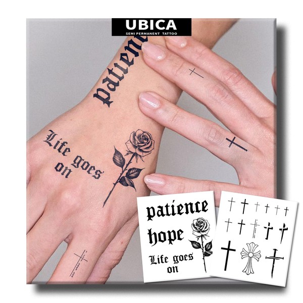 UBICA Semi Permanent Tattoo, 2 Sheets Finger Tattoos(Cross Rose Patience
