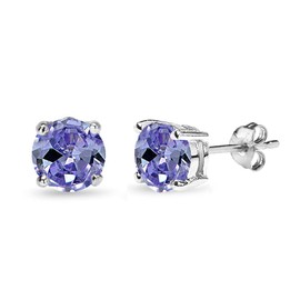 Sterling Silver Simulated Tanzanite Round Solitaire Dainty Stud Earrings for Women, Metal, Tanzanite