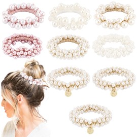 Ahoney 9Pcs Pearl Hair Ties Elastic Hair Scrunchies Hold Crystal Beads Bulk Hair Ropes Stretchy Handmade Boho Hair Accessories for Women Girls 05