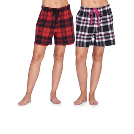 Ashford & Brooks Conjunto de 2 pantalones cortos de pijama de franela suave a cuadros para mujer, Negro Rosa Cuadros/Rojo Negro Tartán, XS