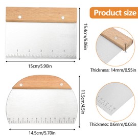 Dough Scraper, Stainless Steel, Pack of 2 Dough Scrapers with Wooden Handle, Food Grade Dough Cutter, Kitchen Spatula, Pastry Scraper for DIY Bread Cutting Pizza