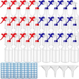 Zubebe 24 Pack 32 oz Plastic Spray Bottle Bulk Empty Leakproof Heavy Duty Spray Bottles for Cleaning Supplies Mist Bottles with Label and Adjustable Nozzle for Plant(Red, Blue,Clear Scale)