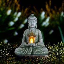 Quterhero Buddha Garden Statue with Solar Light, Resin Zen Decor for Outdoor Patio or Indoor Meditation, Spiritual Gift for Women and Friends (Grey Pavilion)