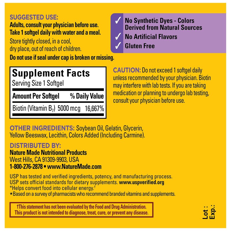Nature Made Maximum Strength Biotin 5000 mcg, Dietary Supplement may