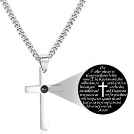 SytsLNKXXX Cross Necklace for Men - Stainless Steel Silver Cross Necklace, Engraved Bible Verse and Love Cross Pendant with Cuban link Chain, Faith Jewelry Gifts for Men Women, 5mm Width with 18-24 Inch