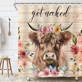 Emwnodti Highland Cow Shower Curtain, Get Naked Funny Animal Flower Bathroom Curtain, Floral Shower Curtain Set Polyester Waterproof Bath Curtian Accessory Set 12 Hooks 72x72 inch
