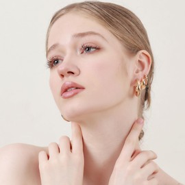 Gold Hoop Earrings for Women, Chunky Twisted Hoop Earrings 14K Gold Plated Huggie Hoop Earrings Lightweight Hoop Earrings Set for Women Gold Jewelry Gifts