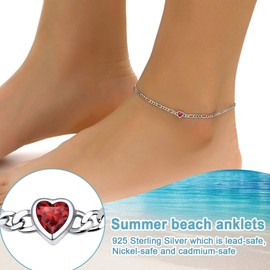 Women Girls Barefoot Jewelry Simulated Heart Gem Inlaid 925 Sterling Silver Figaro Chain Anklets