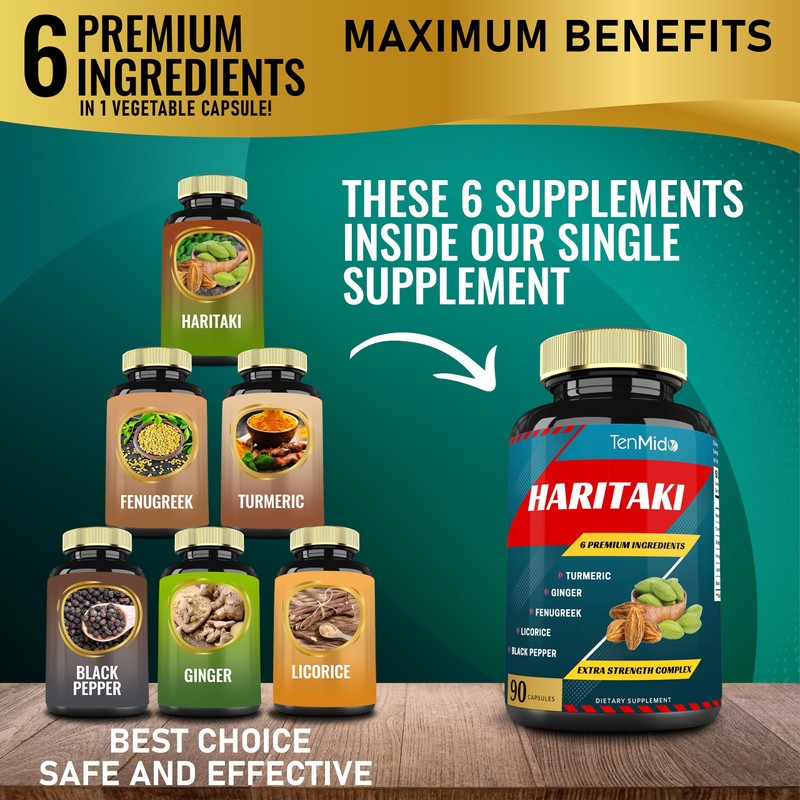 Tenmido Haritaki Supplements Extract Capsules with Turmeric, Ginger, Fenugreek, Licorice,