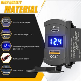 Okerny Rocker Type Charger Socket Type-C PD + USB QC 3.0 Charger + Voltmeter with Waterproof Cover 12V/24V Blue Led for Rocker Switch Switch Panel On Marine Boat Rv Vehicles Motorcycle (Square)